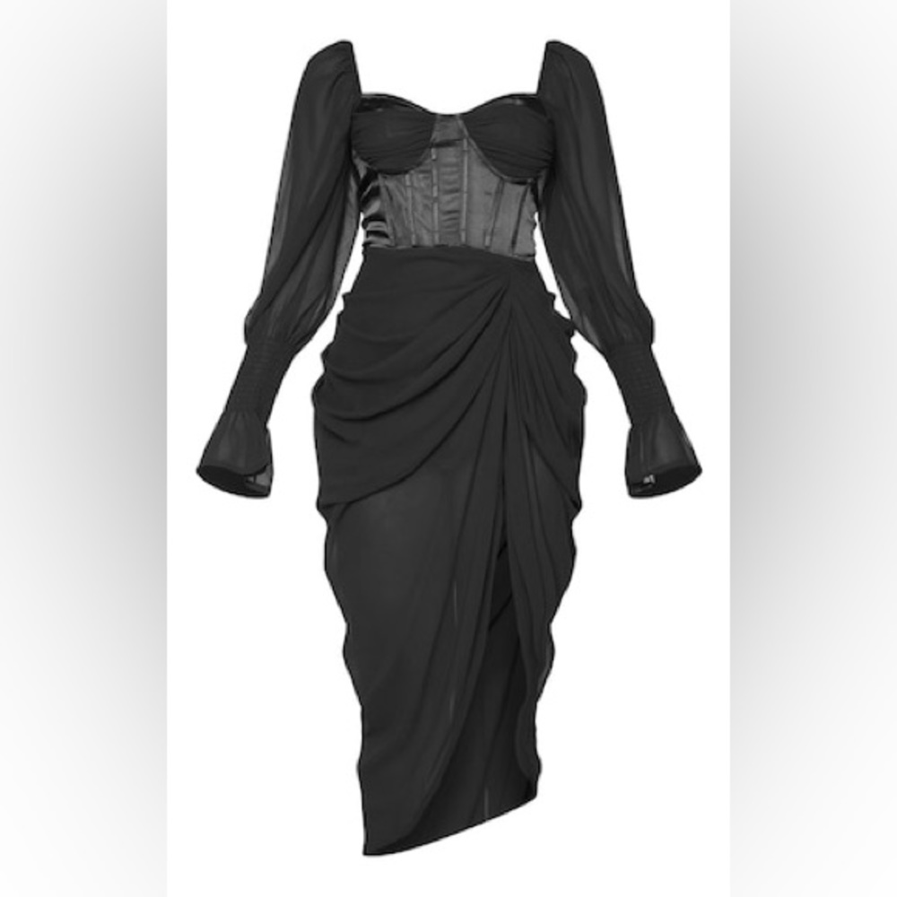 Black Satin Insert Drapped Chiffon Midi Dress